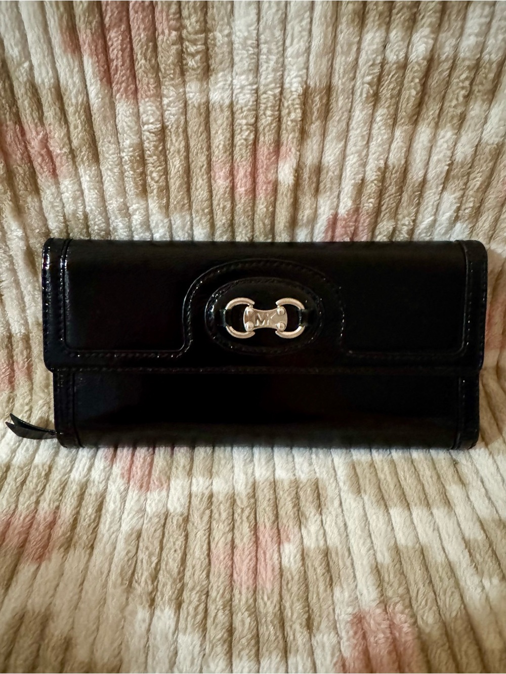 Michael Kors Black Patent Leather Continental Clutch Wallet with Silver Hardware